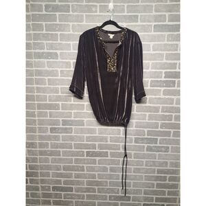 Garnet‎ Hill Womens Gray Sequin V-Neck Long Sleeve Velvet Tunic Top Size 10